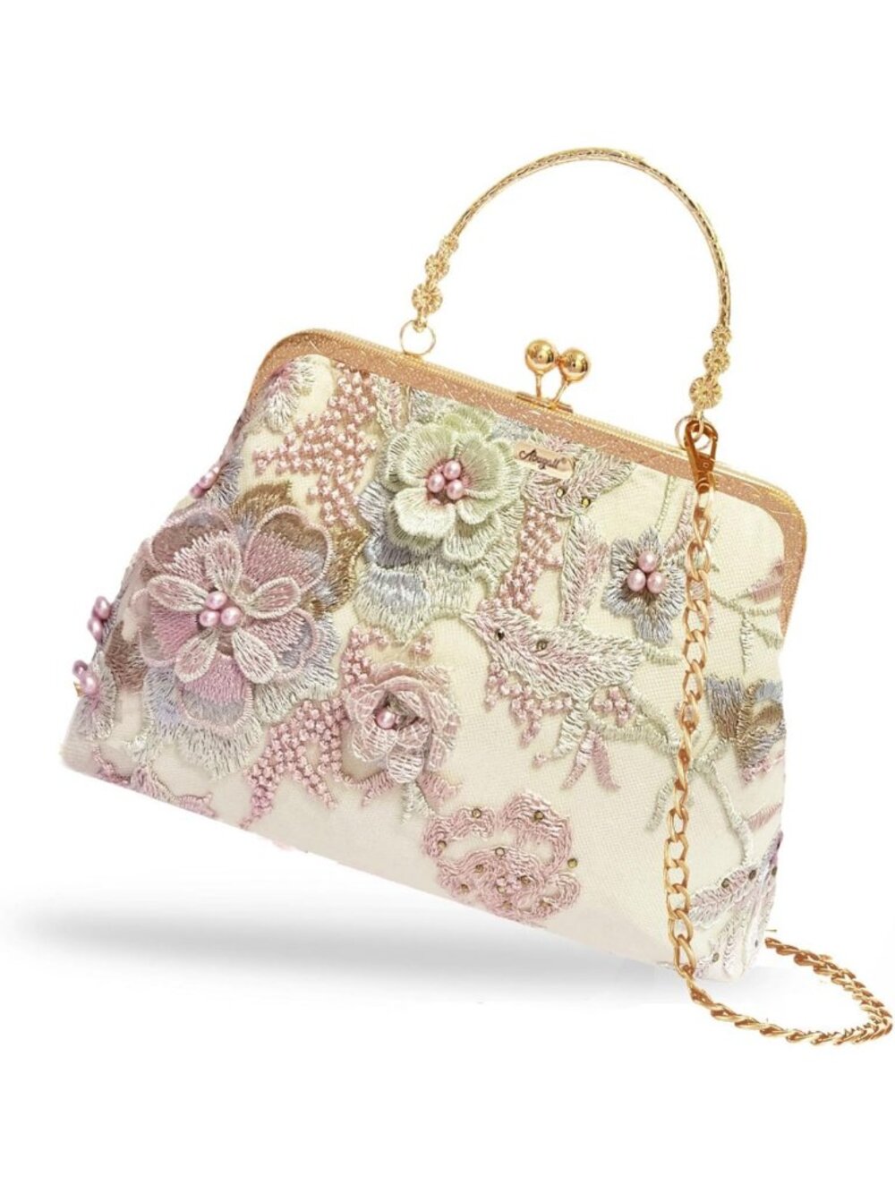 Chic Floral Top-Handle Handbag, Vintage Kiss Lock Evening Bag for Women